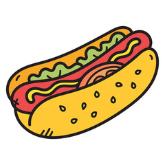 Hand Drawn Style Hotdog with Mustard Relish and Tomato on Yellow Bun Isolated on Transparent Background