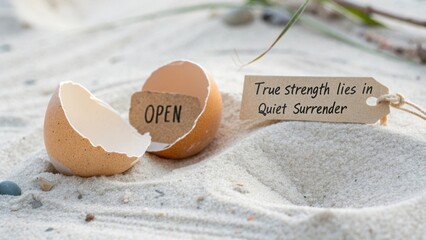 Cracked eggshell with inspiring words on soft white sand
