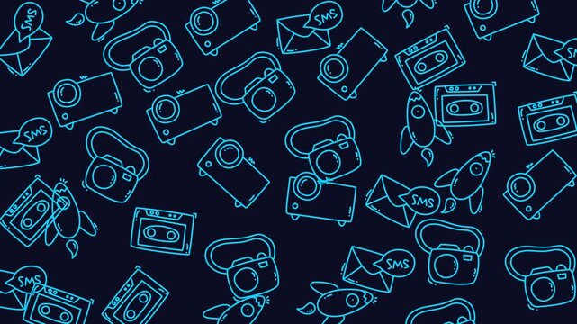 Seamless technology pattern on dark navy with cyan line icons of cameras, tapes, SMS and rockets. Clean repeating layout for tech wallpaper, packaging, fabric, and modern web backgrounds.
