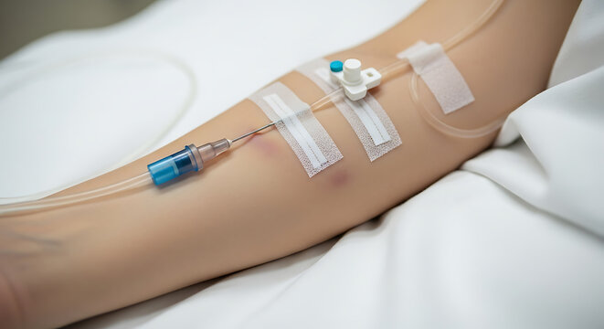 Patient receiving intravenous fluid therapy in hospital bed.