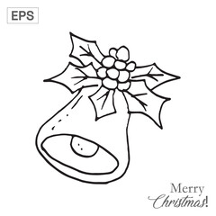 Christmas bell with holly berries, hand-drawn style