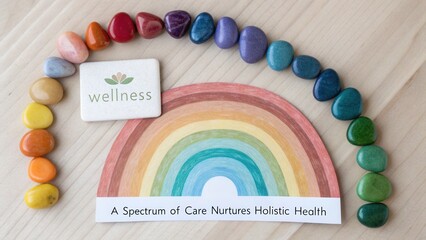 A holistic wellness concept display with colorful crystals and rainbow