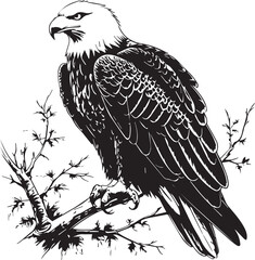 Realistic eagle drawing with detailed feathers perched on tree branch