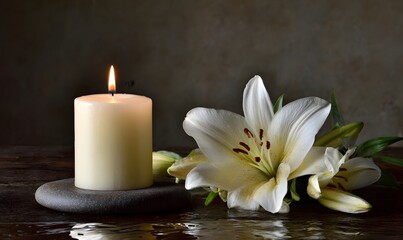 Fototapeta premium vertical candle and lily flower arrangement, peaceful atmosphere