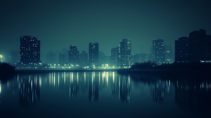 Fototapeta premium Silhouette of the city. Cityscape with buildings. Simple blue background. Urban landscape. Modern city with layers.