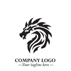 Head of Dragon Logo Symbol Black on White Background in Bold Mythical Vector Design for Power Branding
