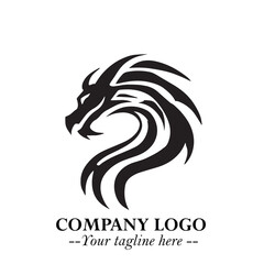 Head of Dragon Logo Symbol Black on White Background in Bold Mythical Vector Design for Power Branding