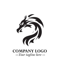 Head of Dragon Logo Symbol Black on White Background in Bold Mythical Vector Design for Power Branding