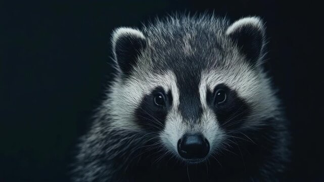 Close-up of raccoon's face with distinctive black and white facial markings