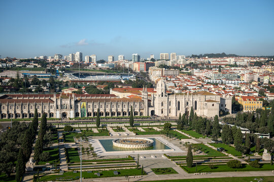 View of Jer&oacute;nimos Monastery and Pra&ccedil;a do Imp&eacute;rio Gardens from Padr&atilde;o dos Descobrimentos in Bel&eacute;m - Lisbon, Portugal