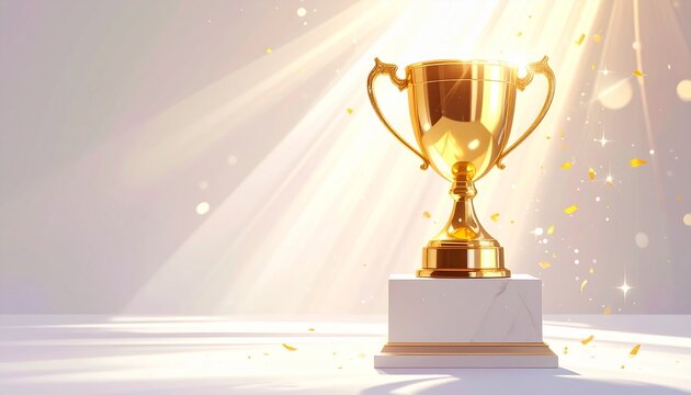 栄光の瞬間：柔らかな光線と紙吹雪に包まれた、白い台座の黄金のトロフィーGenerated image