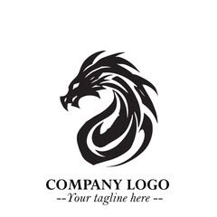 Head of Dragon Logo Symbol Black on White Background in Bold Mythical Vector Design for Power Branding