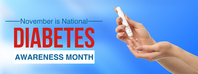 Hands holding a diabetes testing device with a blue background