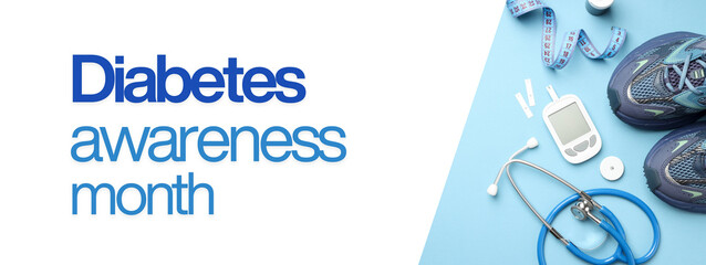Medical devices and running shoes on a blue background