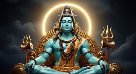 Fototapeta premium A mystical depiction of Lord Shiva, the Hindu deity of destruction, seated in meditation on an ornate golden throne. His blue skin, trident, and halo convey his divine power and spiritual essence.