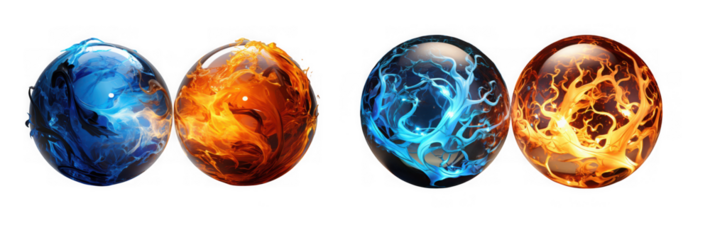 Four elemental orbs, two representing water with swirling blues and two representing fire with fiery oranges, isolated on transparent background, showcasing natures power