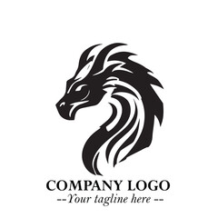 Head of Dragon Logo Symbol Black on White Background in Bold Mythical Vector Design for Power Branding