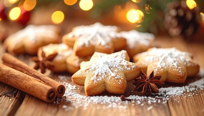 Festive star-shaped cookies dusted with powdered sugar on a rustic wooden table, surrounded by holiday lights
