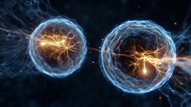 Quantum energy electrons particle plasma glowing sphere electric arc blue glow orange core visualization electron filaments