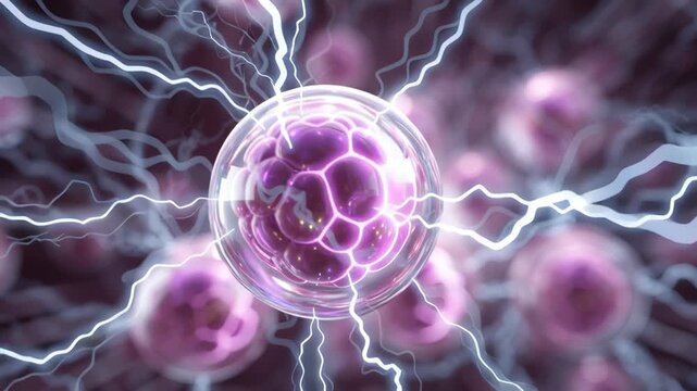 Electric purple cell cluster glowing with electric energy and lightning tendrils, bioenergy visualization of molecular sphere