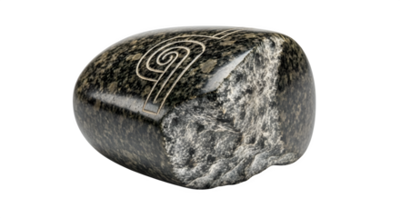 Stone with spiral carving isolated on transparent background, a decorative object with ancient symbol, showcasing craftsmanship and unique texture of the rock