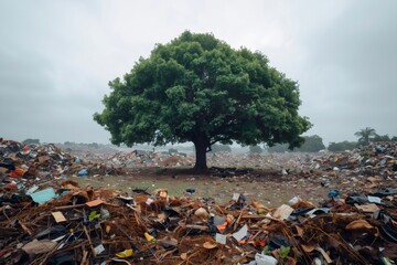 Obraz premium Green tree standing in polluting garbage dump landfill