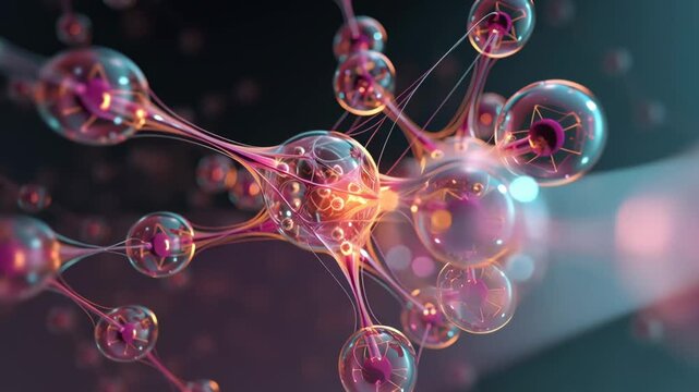 Glowing organic molecule with interconnected sphere nodes and luminous electron orb. ultraviolet glass molecular structure