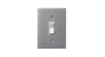 Brushed metal light switch isolated on transparent background, featuring a modern toggle design for controlling illumination in a home or office setting