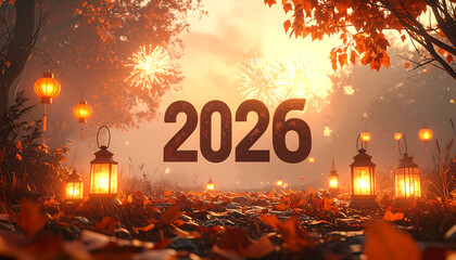 Happy New Year 2026 Celebration with Fireworks and Lanterns.
