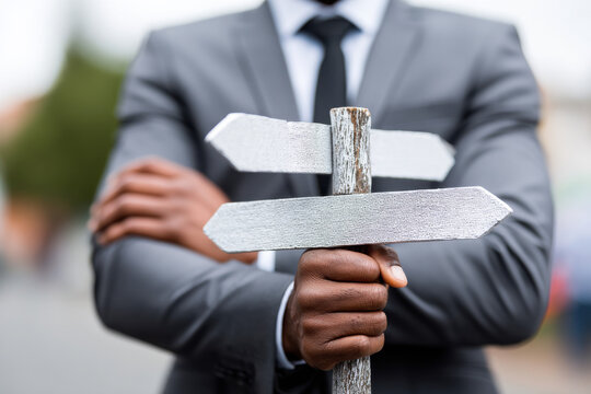 A businessman standing at a crossroads sign, symbol of decision making