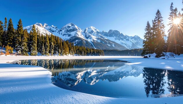 Stunning winter landscape showcasing snow-covered mountains reflecting in a serene lake, surrounded by evergreen trees - Powered by Adobe