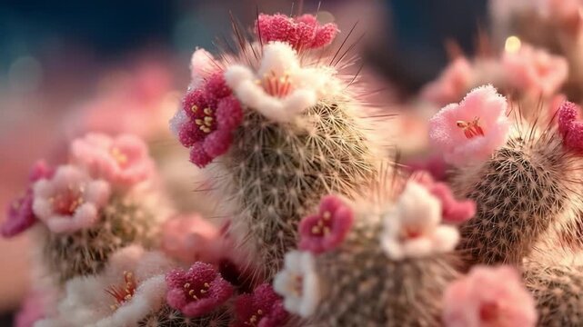 Close up view of blooming cactus with vibrant pink flowers