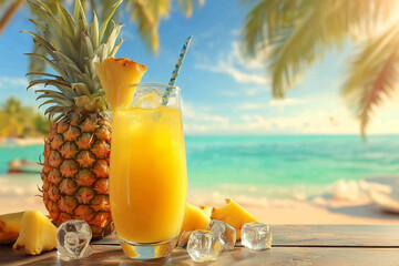 Refreshing drink and fruits near ocean blue sky