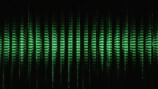 A glowing wave of digital binary code forms a futuristic pattern, symbolizing artificial intelligence, advanced technology, data processing, communication, and the constant evolution of cyberspace.