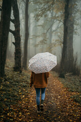 Woman walking alone with umbrella in foggy autumn forest