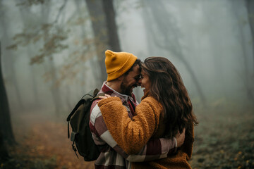 Romantic couple embracing in foggy autumn forest