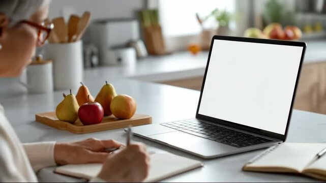 A senior woman writing notebook kitchen table with apple and pear, using laptop for remote work home, surrounded by fresh fruit, natural light, calm and cozy atmosphere, healthy lifestyle