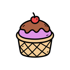 Ice Cream Dessert with Purple Scoop Brown Topping and Red Cherry on Top in Cupcake Wrapper on White Background