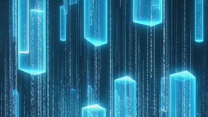 Futuristic digital cityscape with glowing blue skyscrapers formed from vertical streams of binary code, virtual reality, advanced data networks, and cutting-edge information technology innovation. - Powered by Adobe