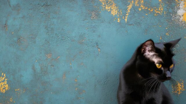 Black cat with yellow eyes against textured wall