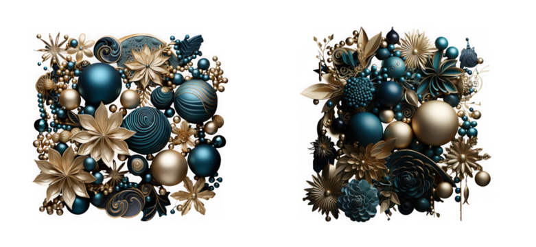 Two elegant christmas arrangements featuring gold flowers and blue ornaments, isolated on transparent background, creating a luxurious and festive holiday display
