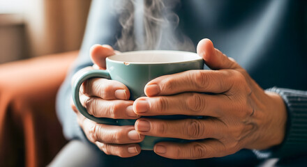Elderly person holding a steaming cup of tea in cozy indoor setting  