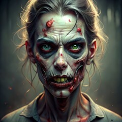 Female Zombie with Green Eyes and Bloody Wounds undead