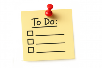 Yellow adhesive sticky note with to do: checklist and empty boxes, held by a red push pin, transparent background