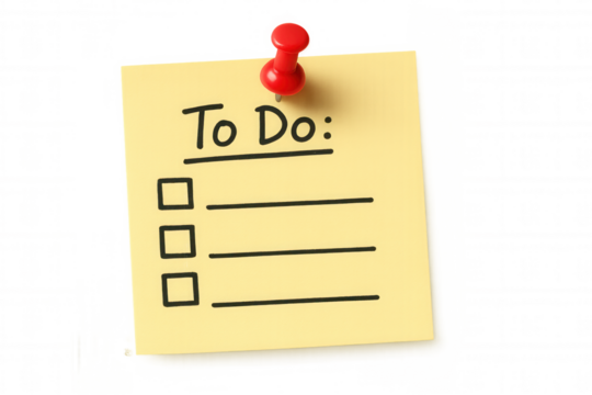 Yellow adhesive sticky note with to do: checklist and empty boxes, held by a red push pin, transparent background