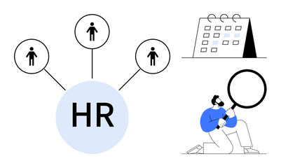 HR network connecting people for hiring, employee management, calendar for planning, recruiter analyzing candidates. Ideal for recruitment, team selection, talent acquisition, scheduling, workforce