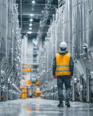 Industrial Worker Walking Through Bright Brewery with Stainless Steel Tanks in the Background