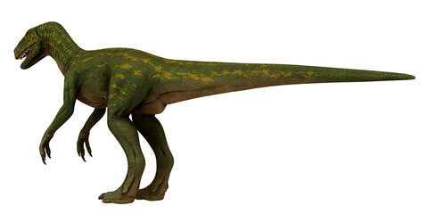Green dinosaur model with long tail and detailed texture.
