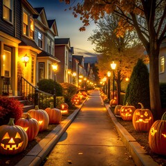 Halloween pumpkins line a suburban sidewalk at twilight