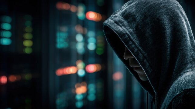 Mysterious Individual in Hooded Jacket Surrounded by Digital Data in a Dark Environment - Powered by Adobe